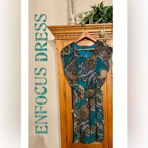 Enfocus Studio Paisley turquoise & brown Dress short sleeves & elastic waist 10